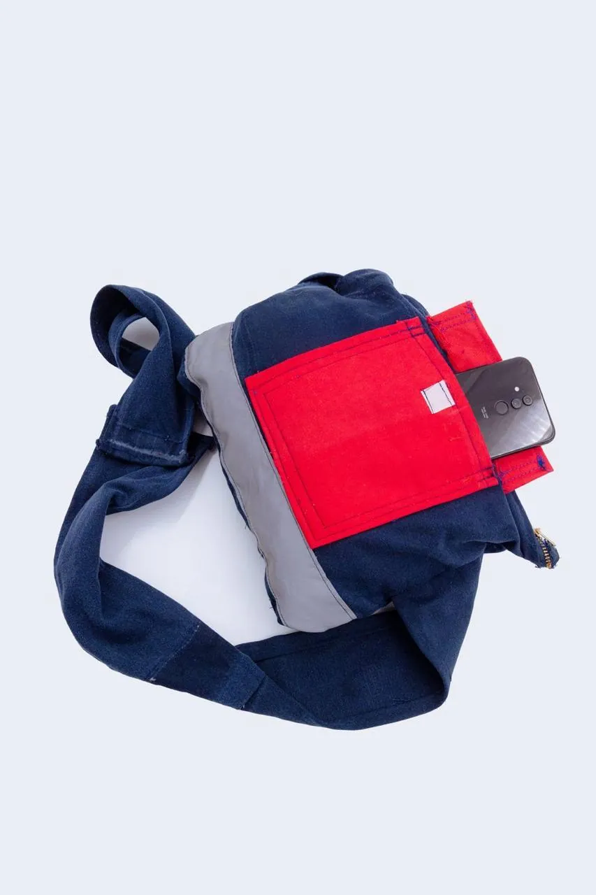 Upcycled sling bag in navy, red and grey