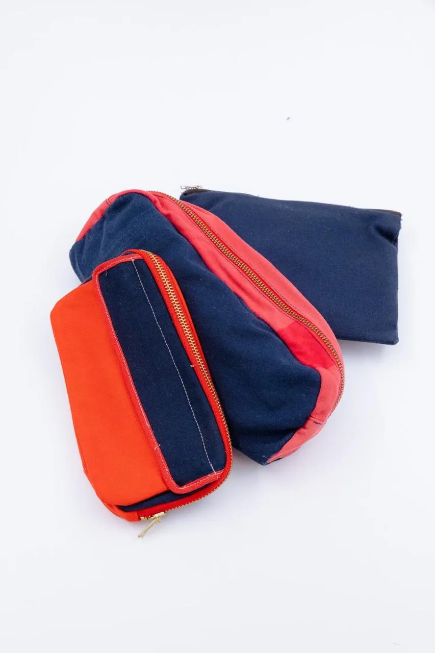 Upcycled zip pencil cases in navy and orange