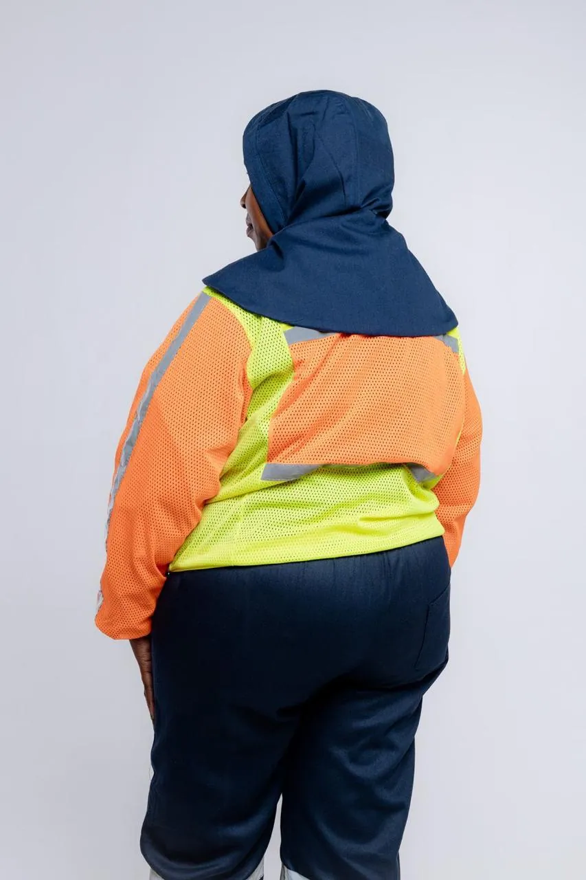 Hooded hi-vis jacket, rear view showing reflective banding