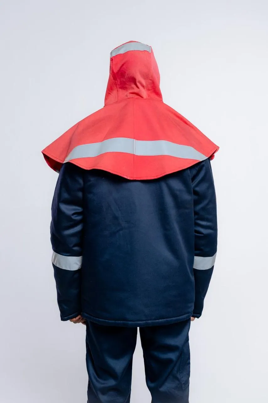 Flame-proof jacket with red hood, rear view