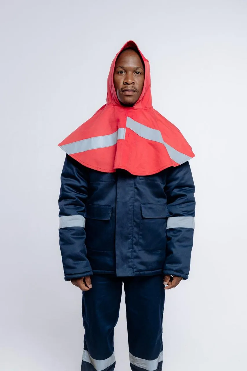 Flame-proof jacket with red hood and reflective banding