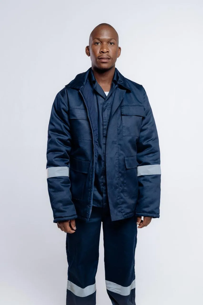 Insulated navy work jacket with reflective banding